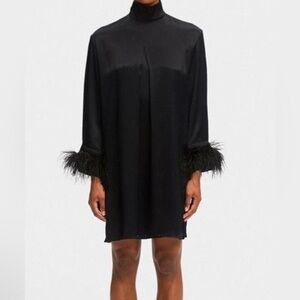 Sleeper NWT Black Satin Shirt Dress with Detachable Feather Trim